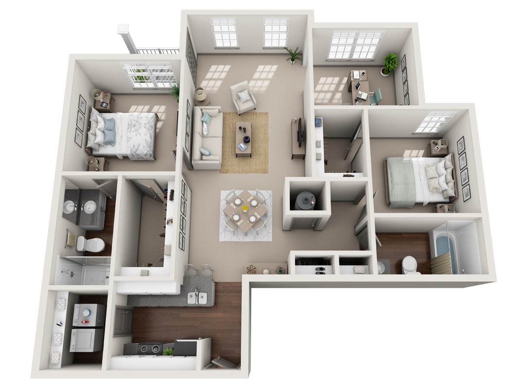 2 Bed 2 Bath Floor Plan with Carpet and Wood Flooring