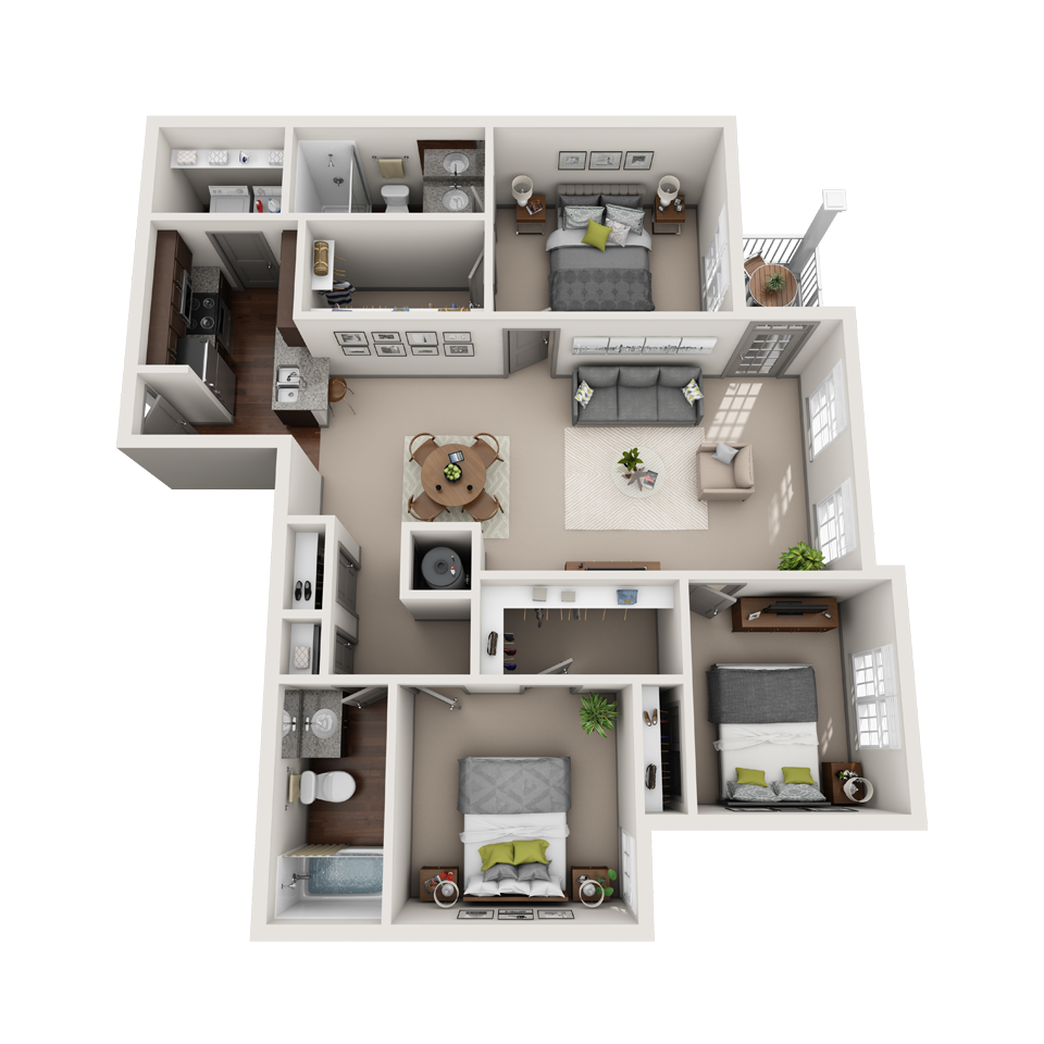 2 Bed 2 Bath Floor Plan with Carpet and Wood Flooring