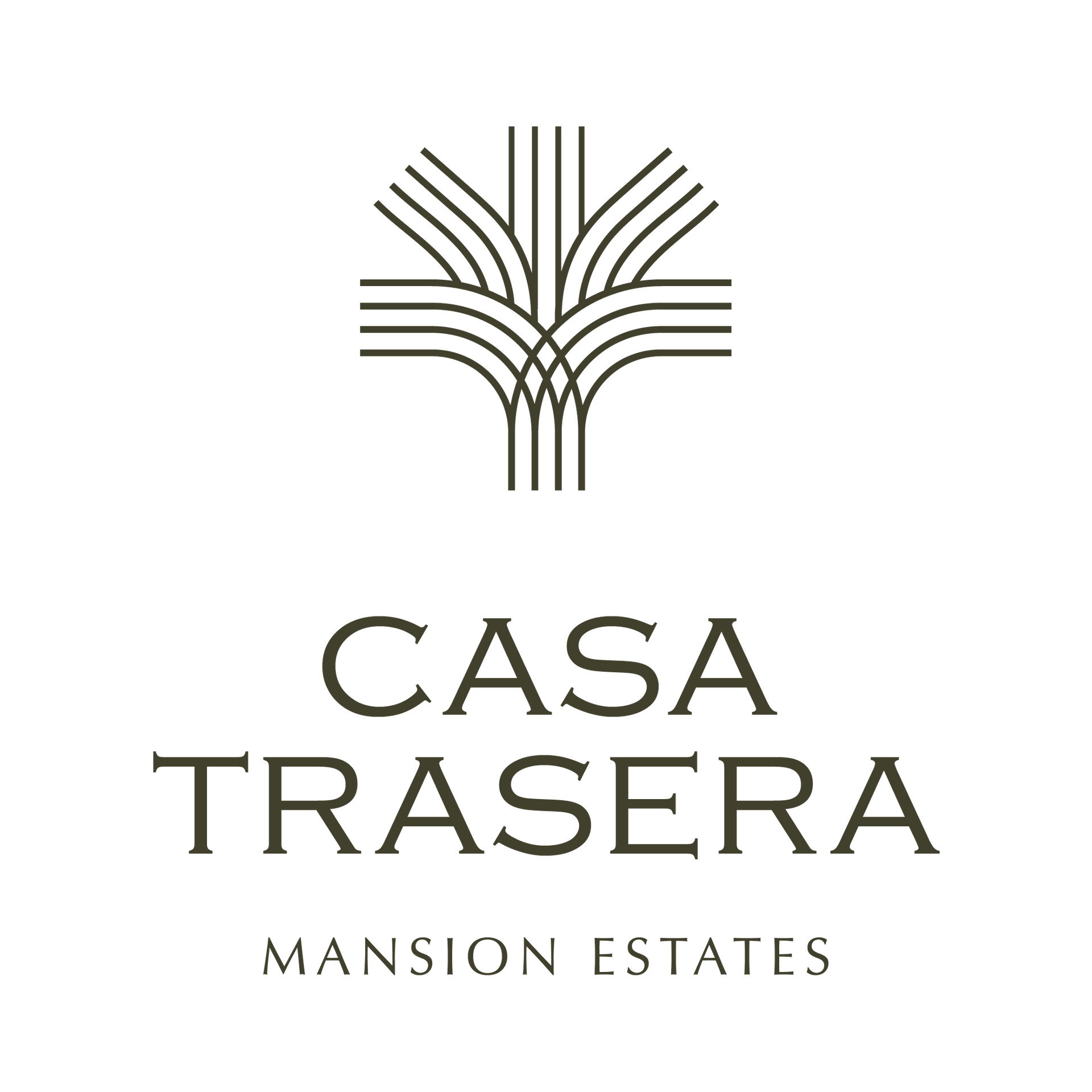 Logo for Casa Trasera Mansion Estates, featuring a stylized palm tree icon above the text in dark brown on a white background.