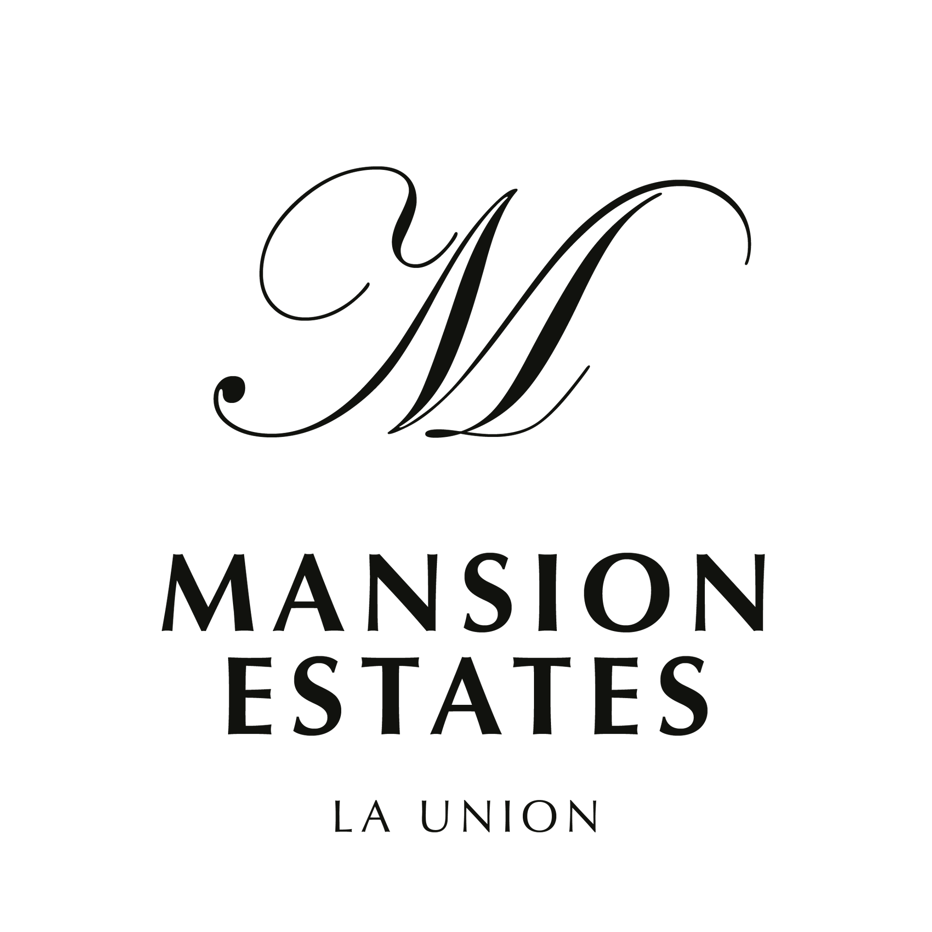 A logo featuring a large, ornate, black-and-white calligraphic 