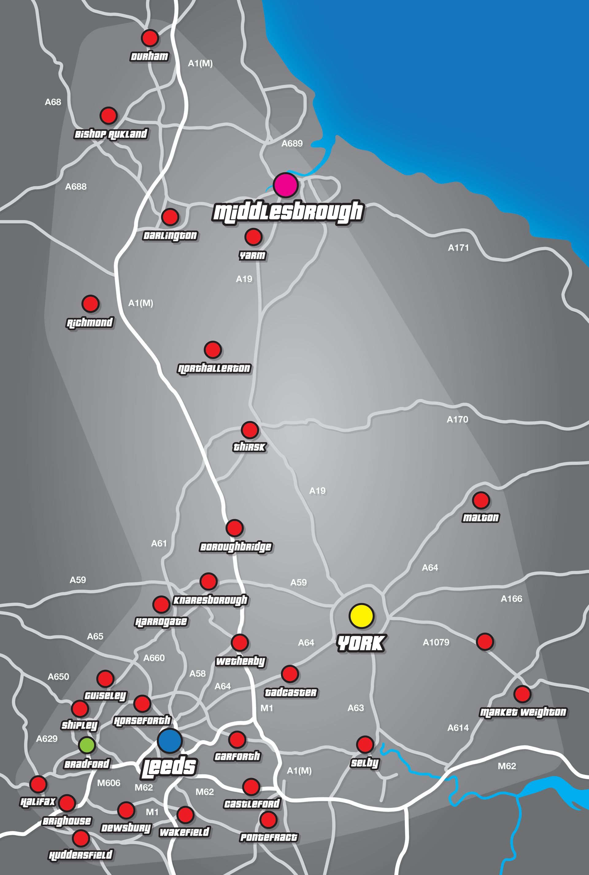 A map of places in Yorkshire where All Out Dents operate
