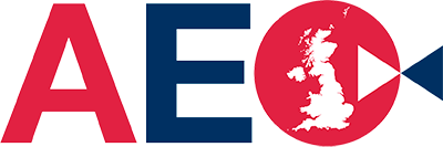 The logo for aec shows a map of the united kingdom