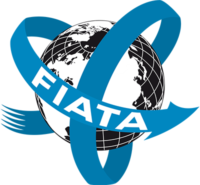 A logo for fiata shows a globe with a blue ribbon around it