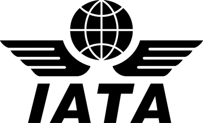 A black and white logo for iata with a globe and wings.