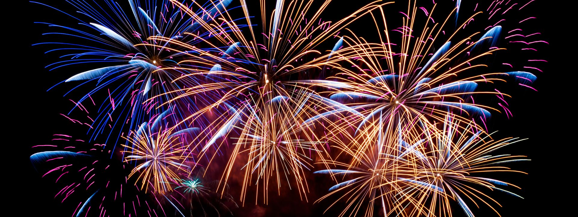 Bright, multi-colored fireworks burst against a dark night sky in a festive display.
