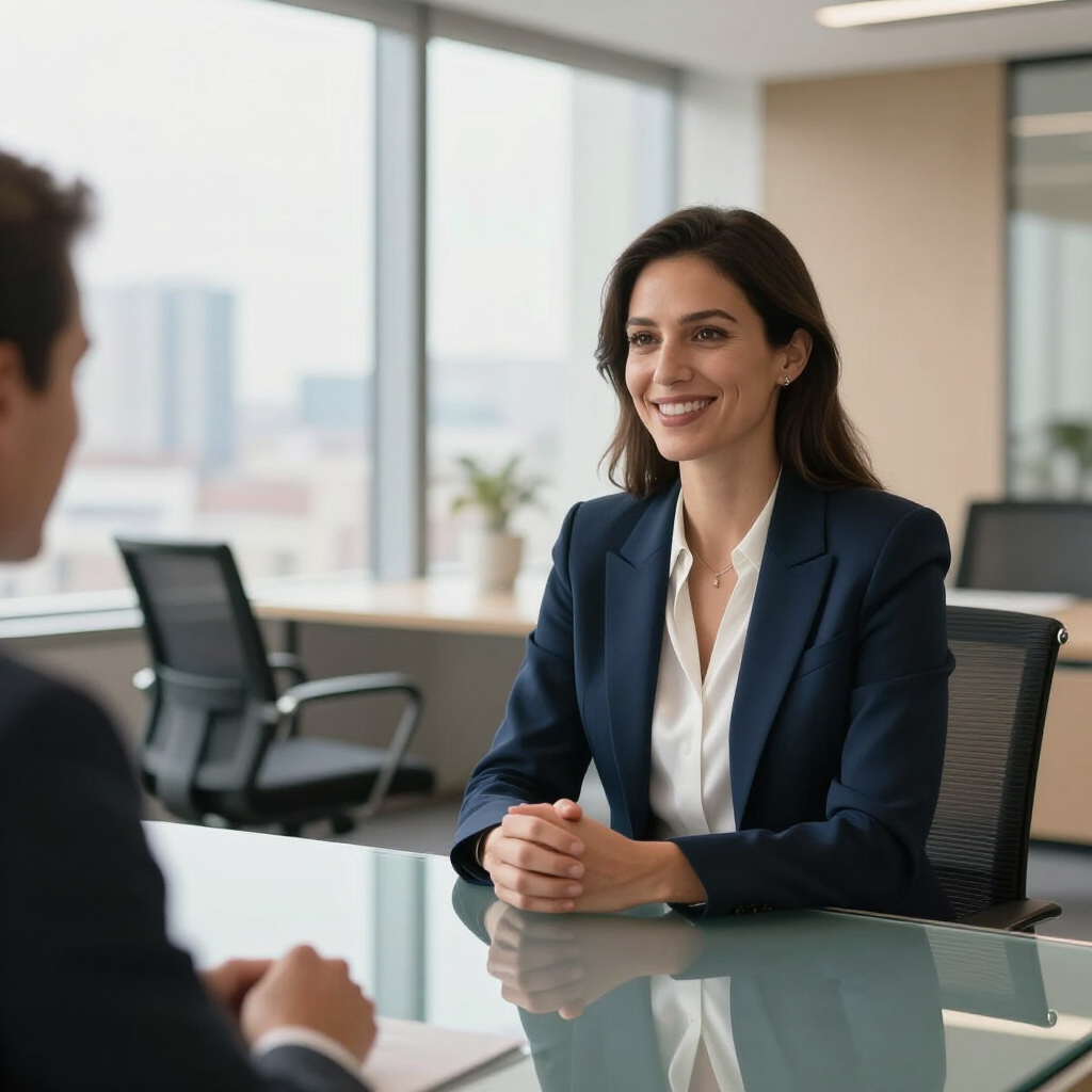 Een professional zit aan een glazen tafel in een licht kantoor en glimlacht tijdens een vergadering met een onzichtbare persoon.
