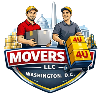 Logo for Movers 4U LLC: Red moving truck in front of green house silhouettes, text "Movers 4U LLC" below.