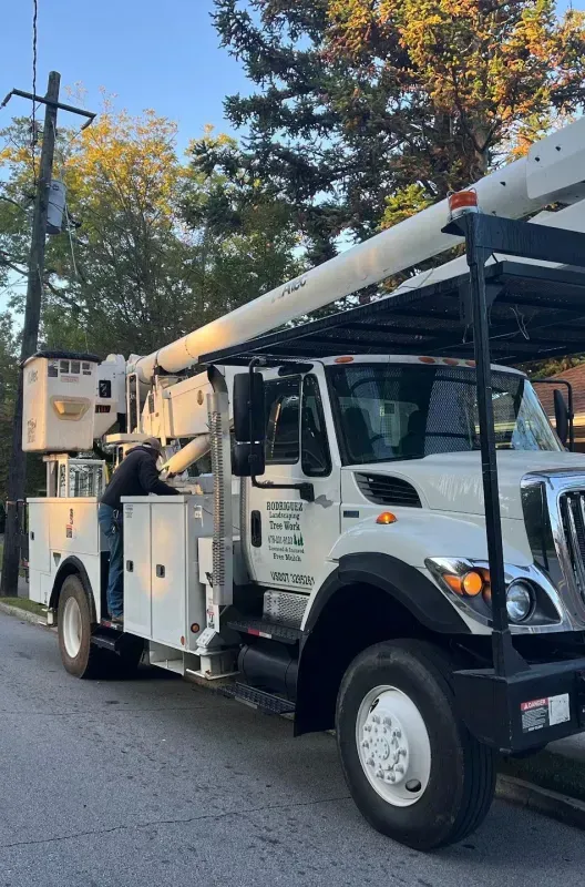 Utility bucket truck parked on a residential street with orange traffic cones and a red trailer nearby