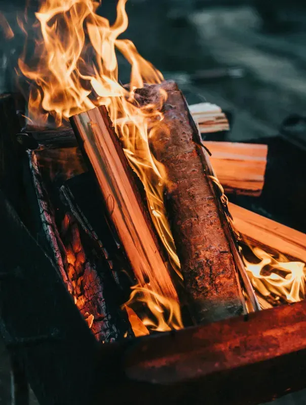 Burning logs in a metal fire pit, with bright orange flames against a dark background