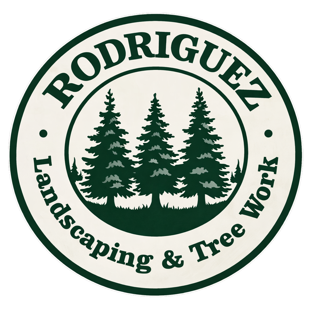 Rodriguez Landscaping & Tree Work logo with evergreen trees in a green circular seal