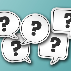 Speech bubbles with question marks on a teal background