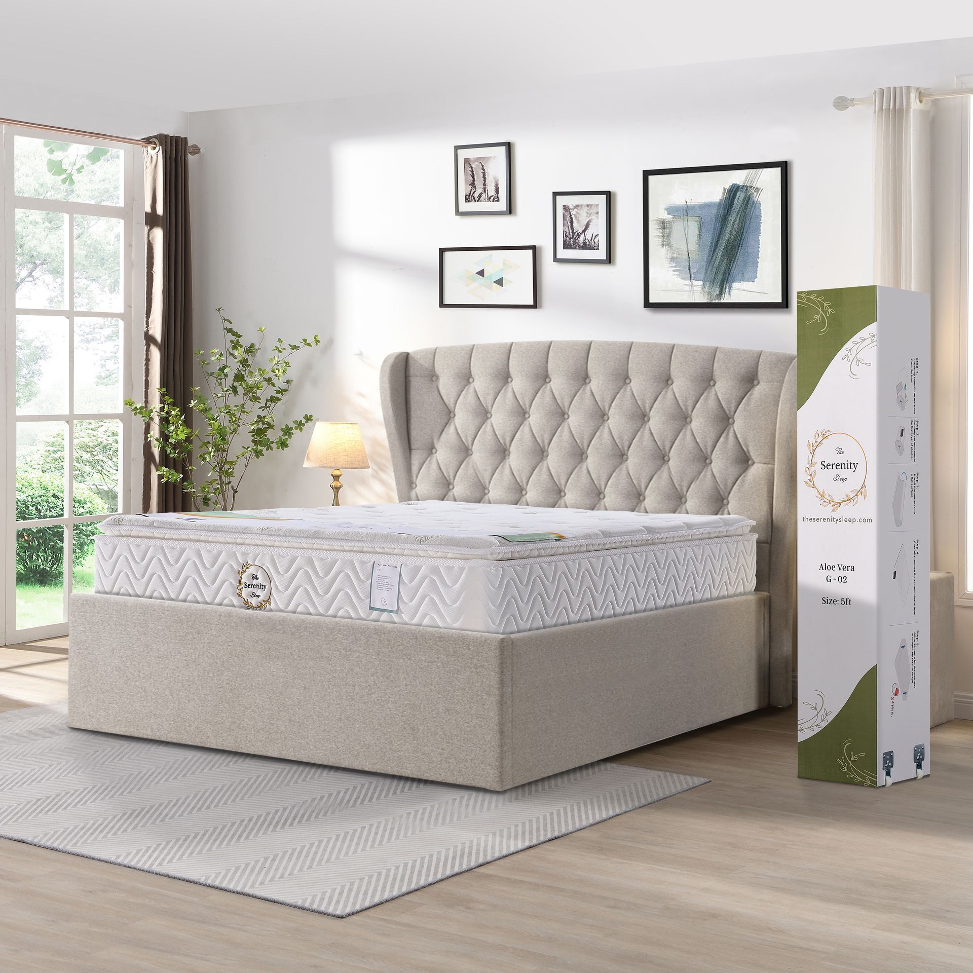White quilted mattress with tufted top and side stitching, shown at an angle on a white background