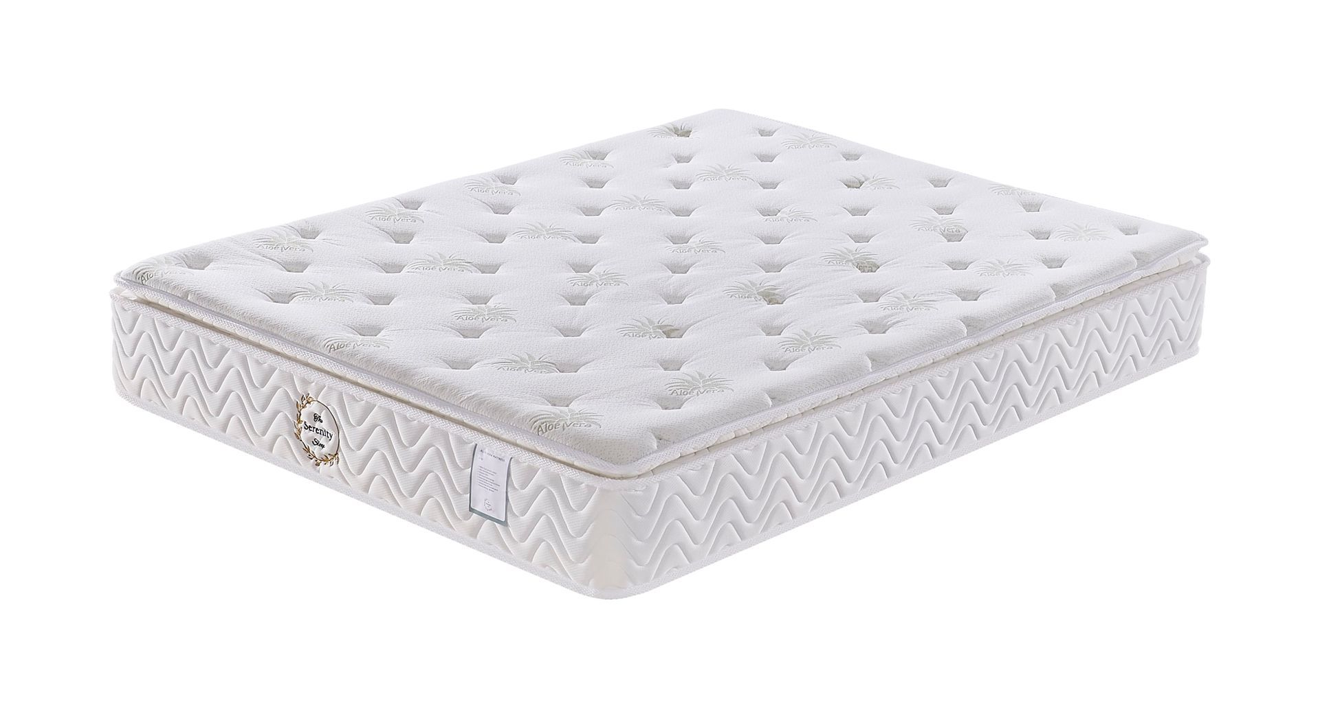 White quilted mattress with tufted top and side stitching, shown at an angle on a white background