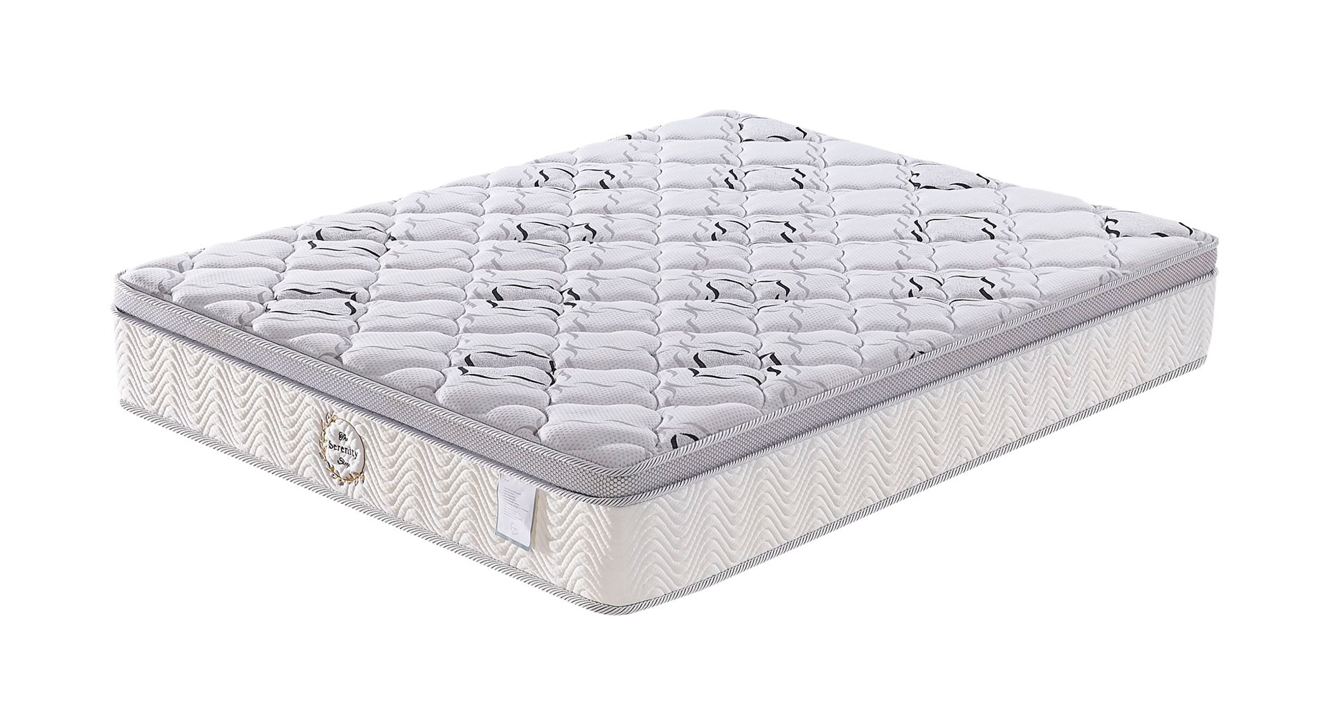 White quilted mattress with patterned sides, shown in a product-style view