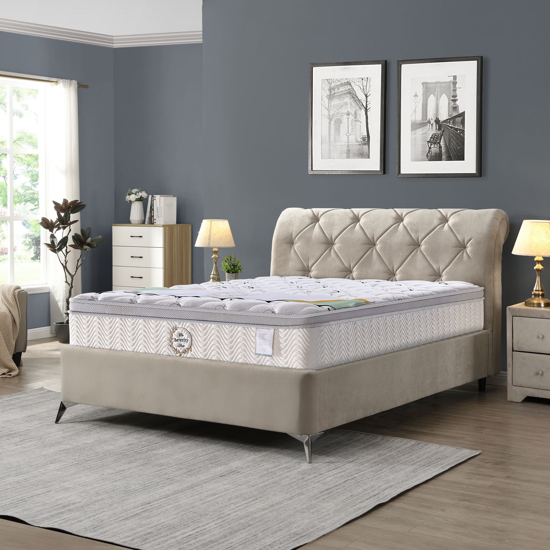 White quilted mattress with patterned sides, shown in a product-style view