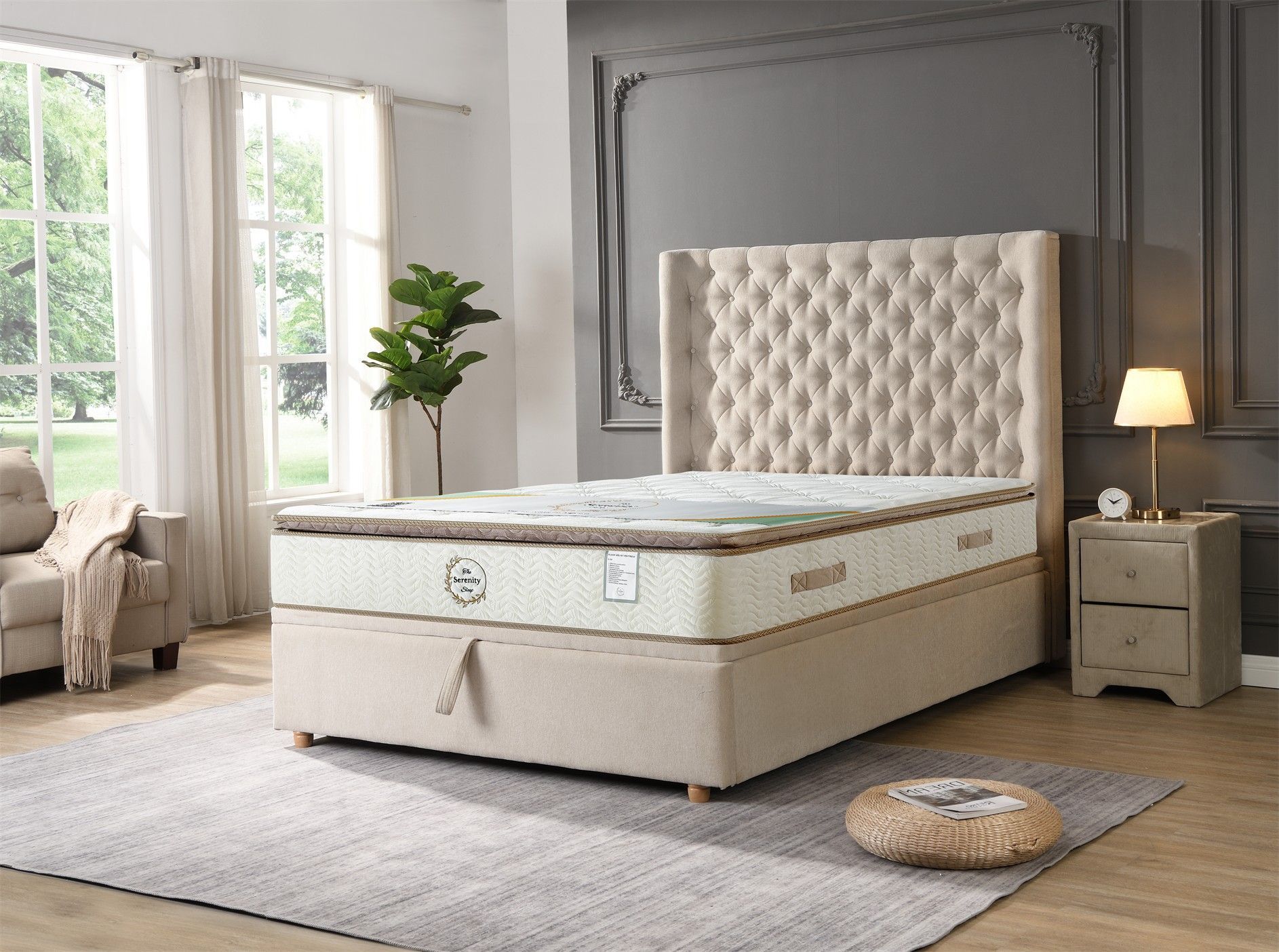 White quilted mattress with beige trim and “Free Delivery” label on a white background