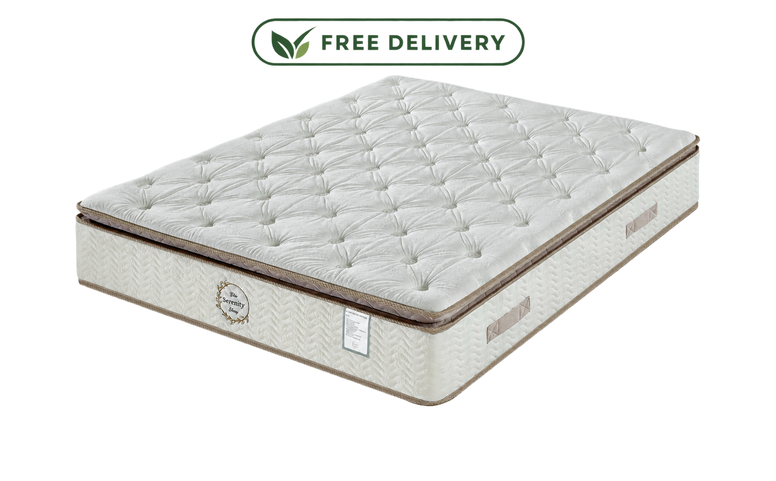 White quilted mattress with beige trim and “Free Delivery” label on a white background
