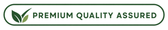 Green badge with leaf icon and the words “Premium Quality Assured” in a rounded border