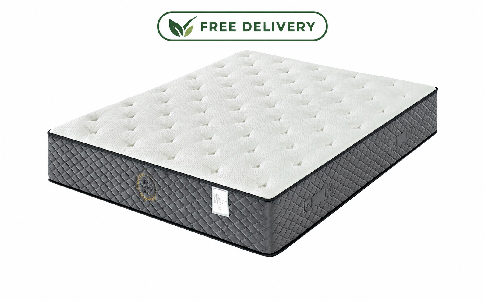 White tufted mattress with dark gray sides and a “Free Delivery” label above it