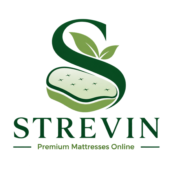 Strevin logo with green mattress and leaf icon, “Premium Mattresses Online” text