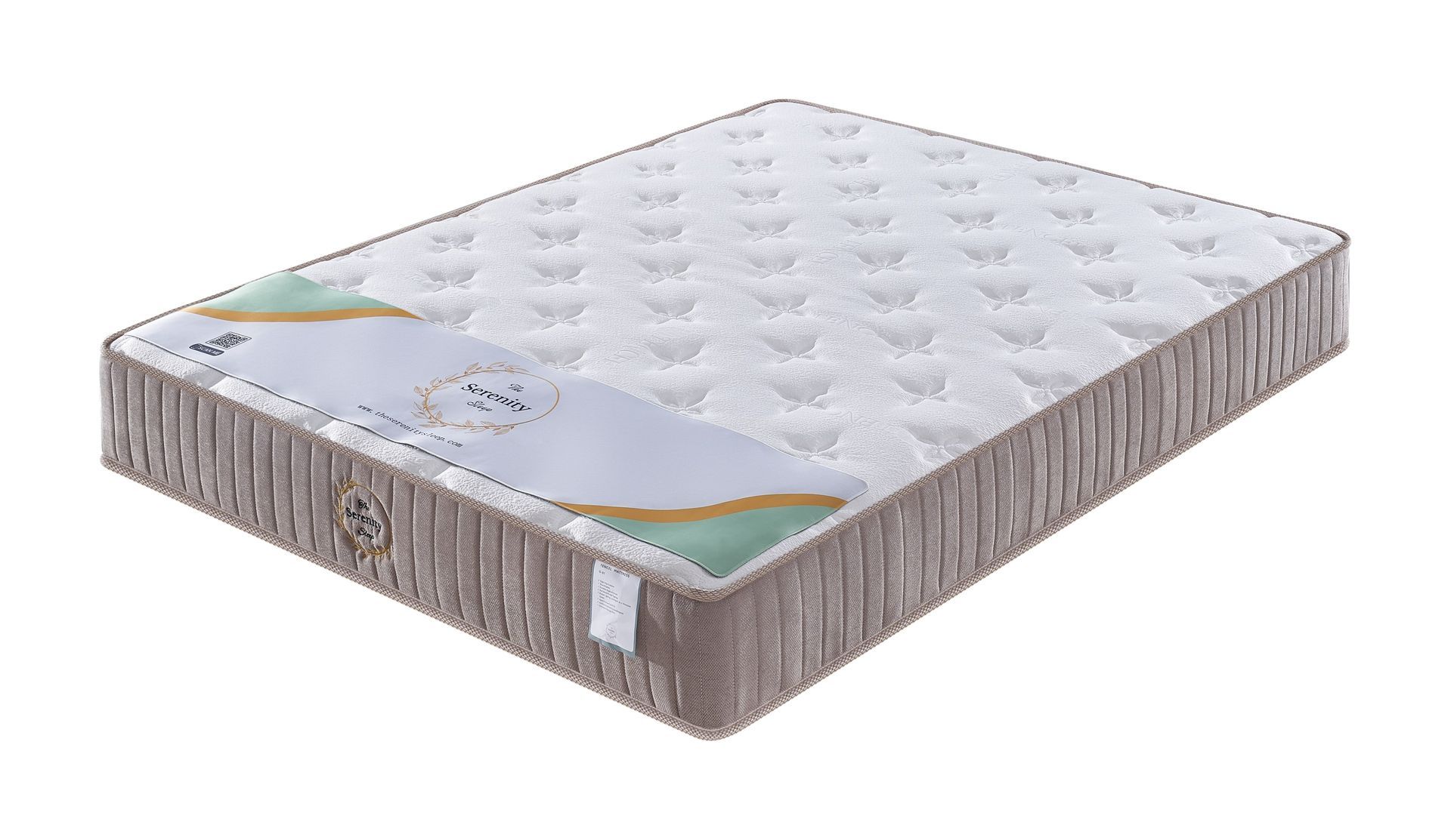Quilted white mattress with gray patterned sides and subtle blue and tan accents on the top surface