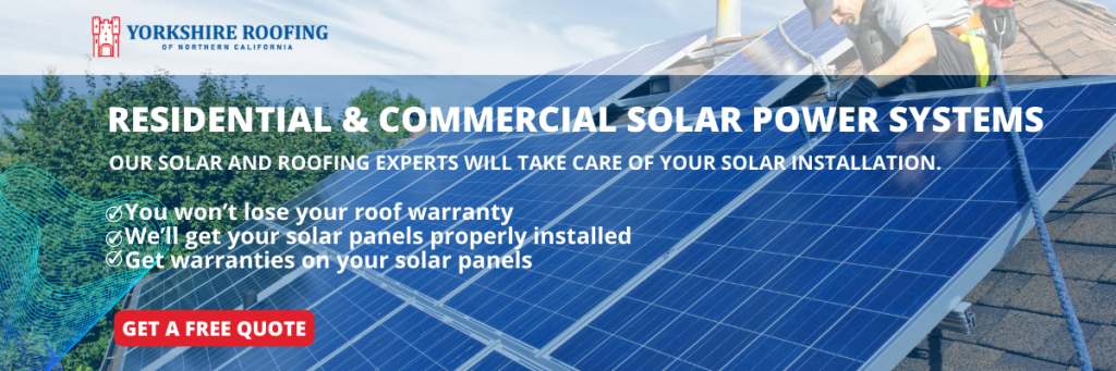 Solar panels with text promoting residential and commercial solar power systems and a red