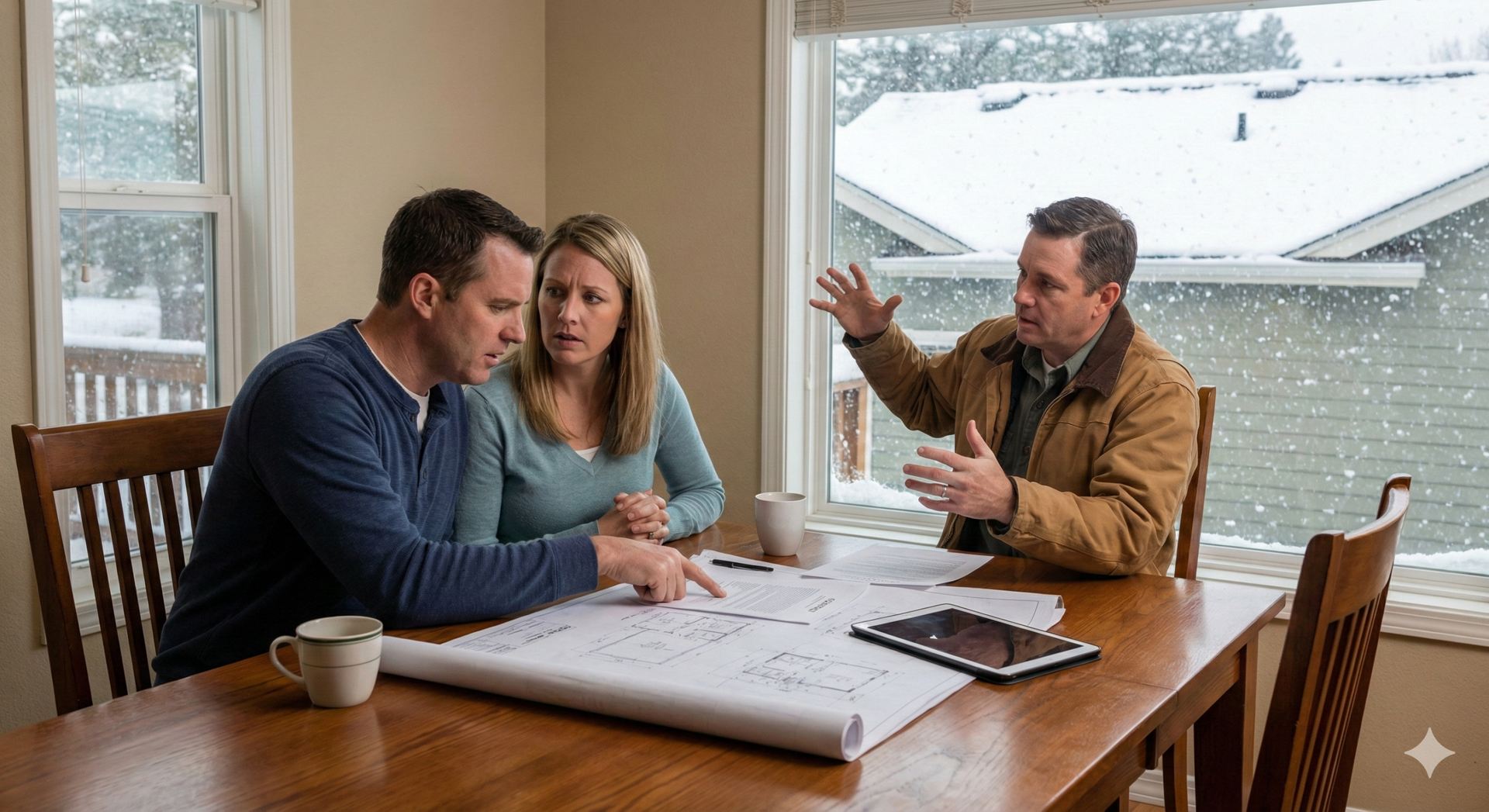 Three people discuss a floor plan at a dining table by a snowy window.