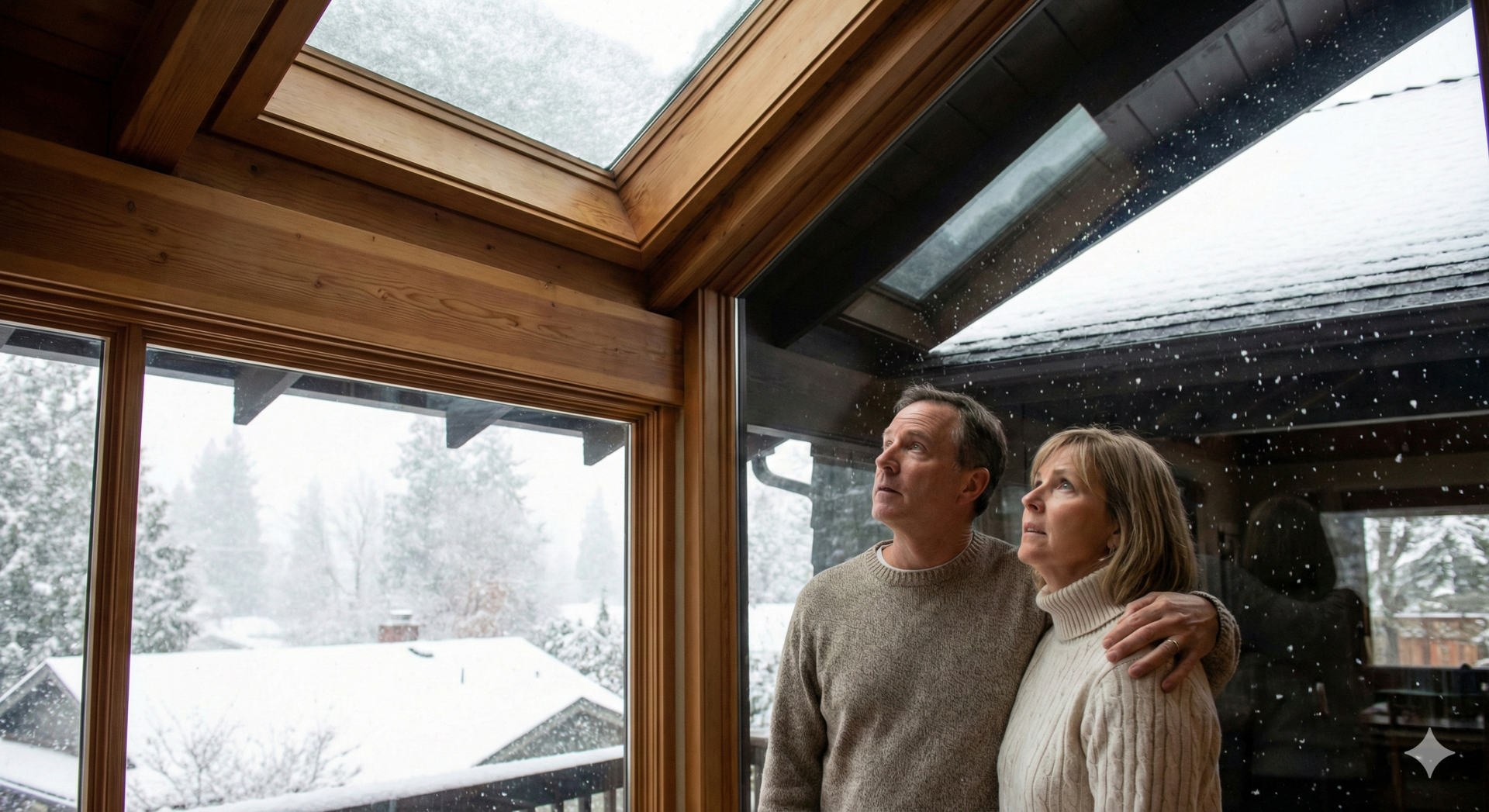 Two people standing by large windows, looking out at a snowy cabin scene as snow falls outside.