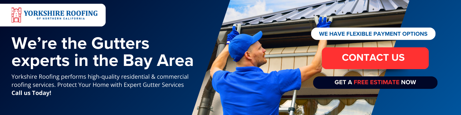 Gutter cleaning service banner with workers on a roof, blue and orange design, and a “Contact Us” button