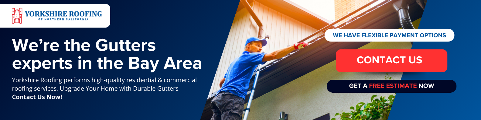 Blue roof gutter service banner with workers on a roof and a red “Contact Us” button