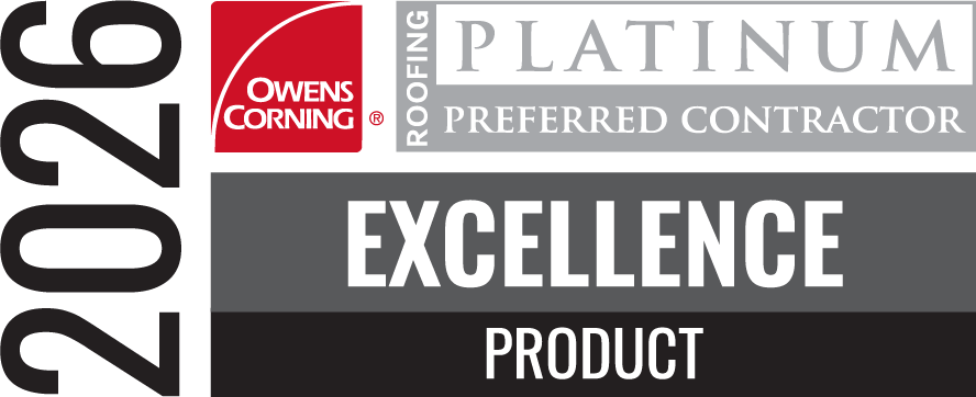 Owens Corning Platinum Preferred Contractor Excellence Product award badge with black, white, and red design