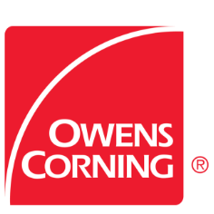 Owens Corning logo: red square with white curved line and white text.