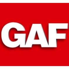 White GAF logo on a red background