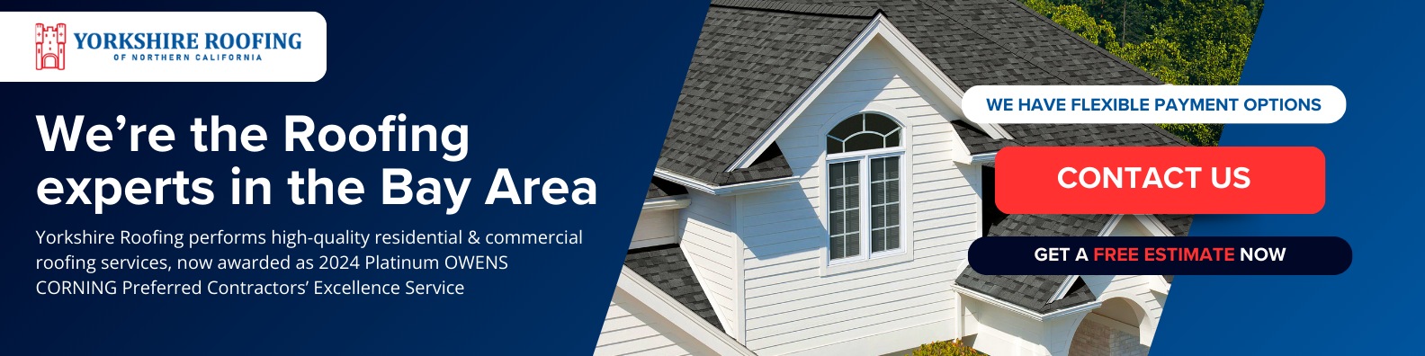 Roofing company banner with house illustration, roof repair message, and red “Contact Us” button.