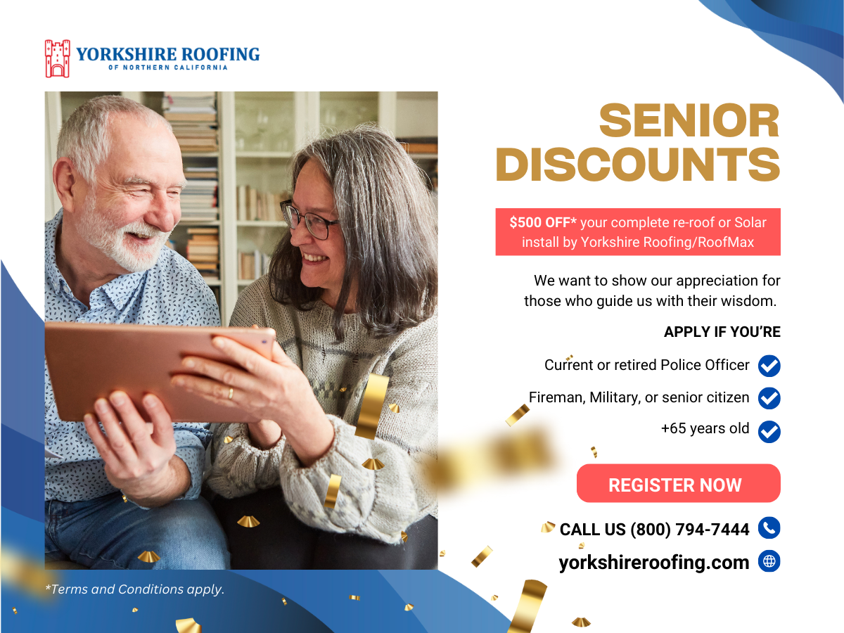 Senior discounts roofing ad with smiling couple using a tablet and a red “Register Now” button