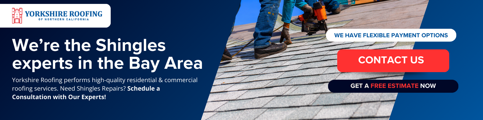 Blue roofing service banner with shingle text, red CONTACT US button, and house illustration