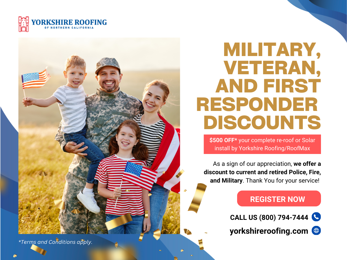 Military, veteran, and first responder discounts flyer with family photo and red “Register Now” button