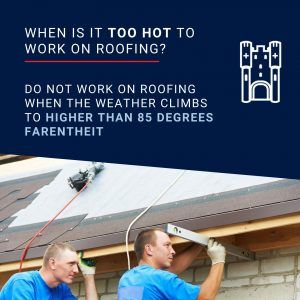 Roofing safety poster warning not to work when temperatures exceed 85°F, with workers on a roof.