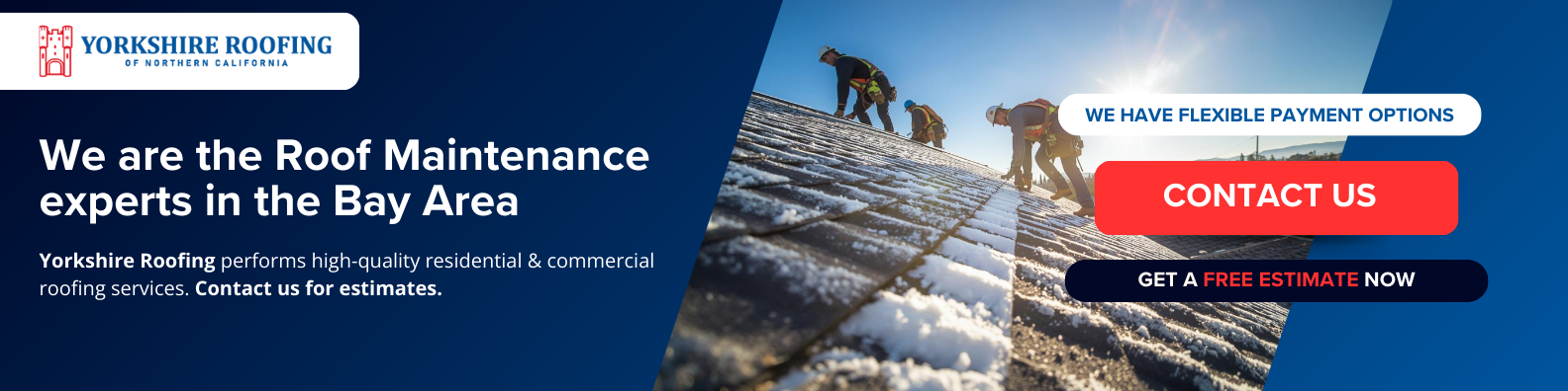Roof maintenance service banner with worker on a rooftop and a red “Contact Us” button