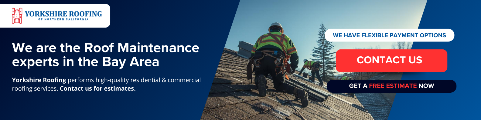 Roof maintenance service banner with worker on roof, text, and red “Contact Us” button