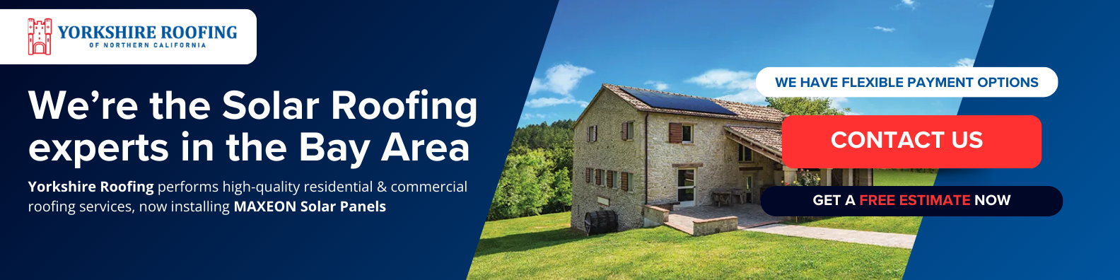 Blue solar roofing banner with house graphic, headline text, and red “Contact Us” button