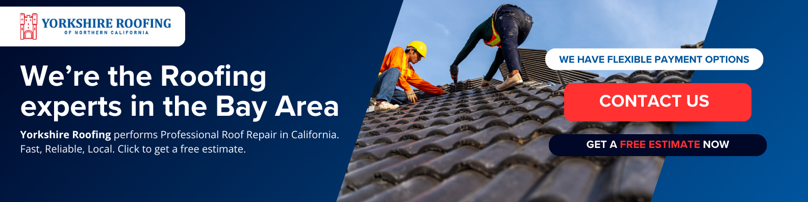 Roofing contractors on a blue rooftop with “We’re the Roofing experts in the Bay Area” and a red Contact Us button