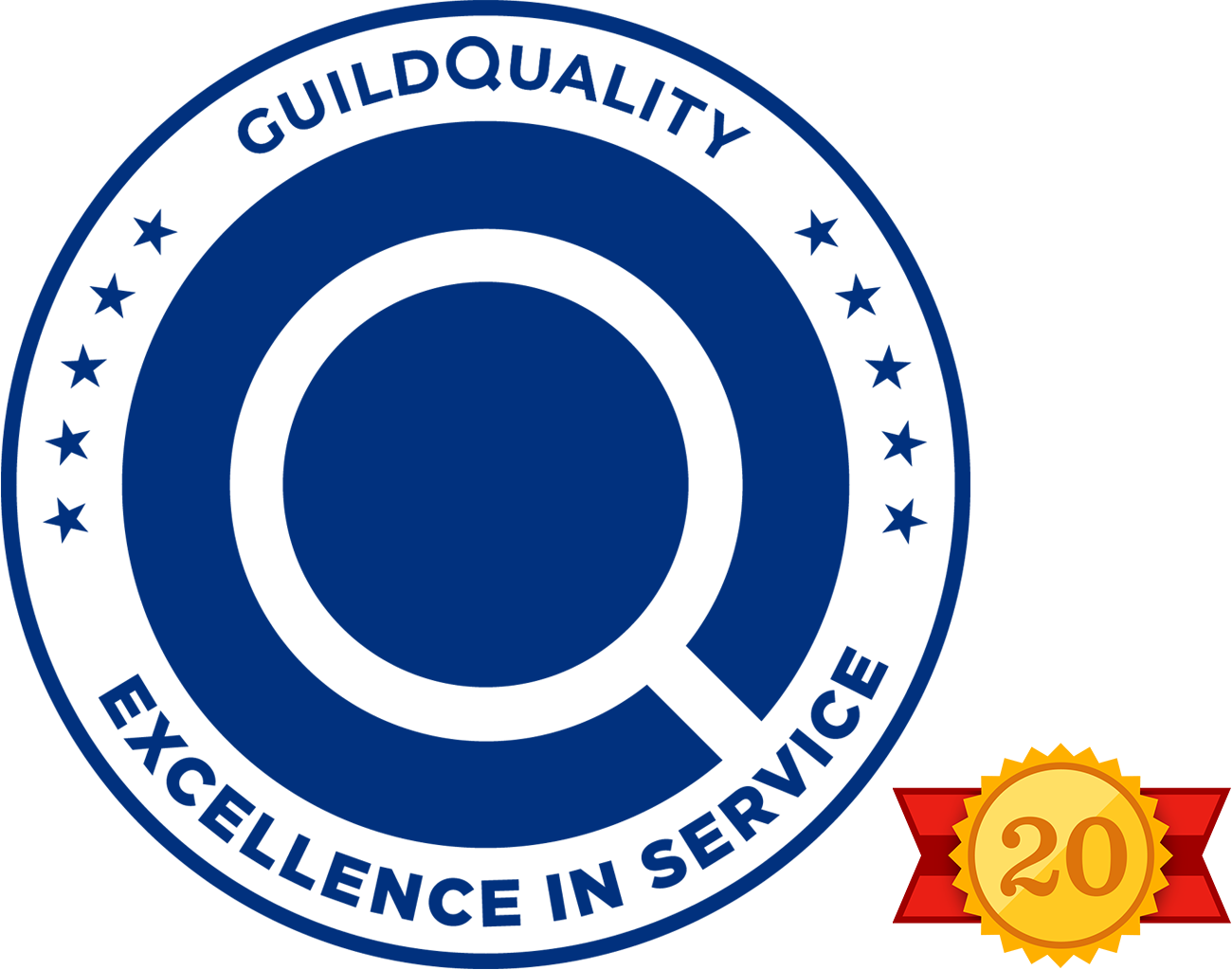 Blue-and-white GuildQuality seal with magnifying glass and “Excellence in Service,” plus gold 20-year ribbon