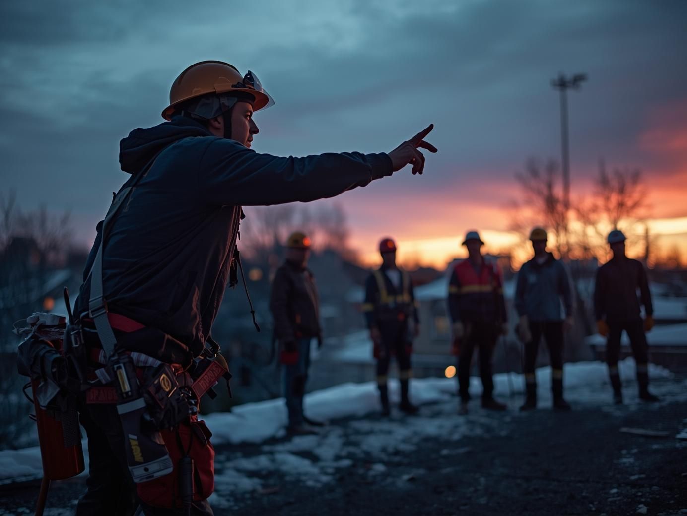 Firefighter in helmet points toward a group at dusk, with emergency vehicles glowing in the background.