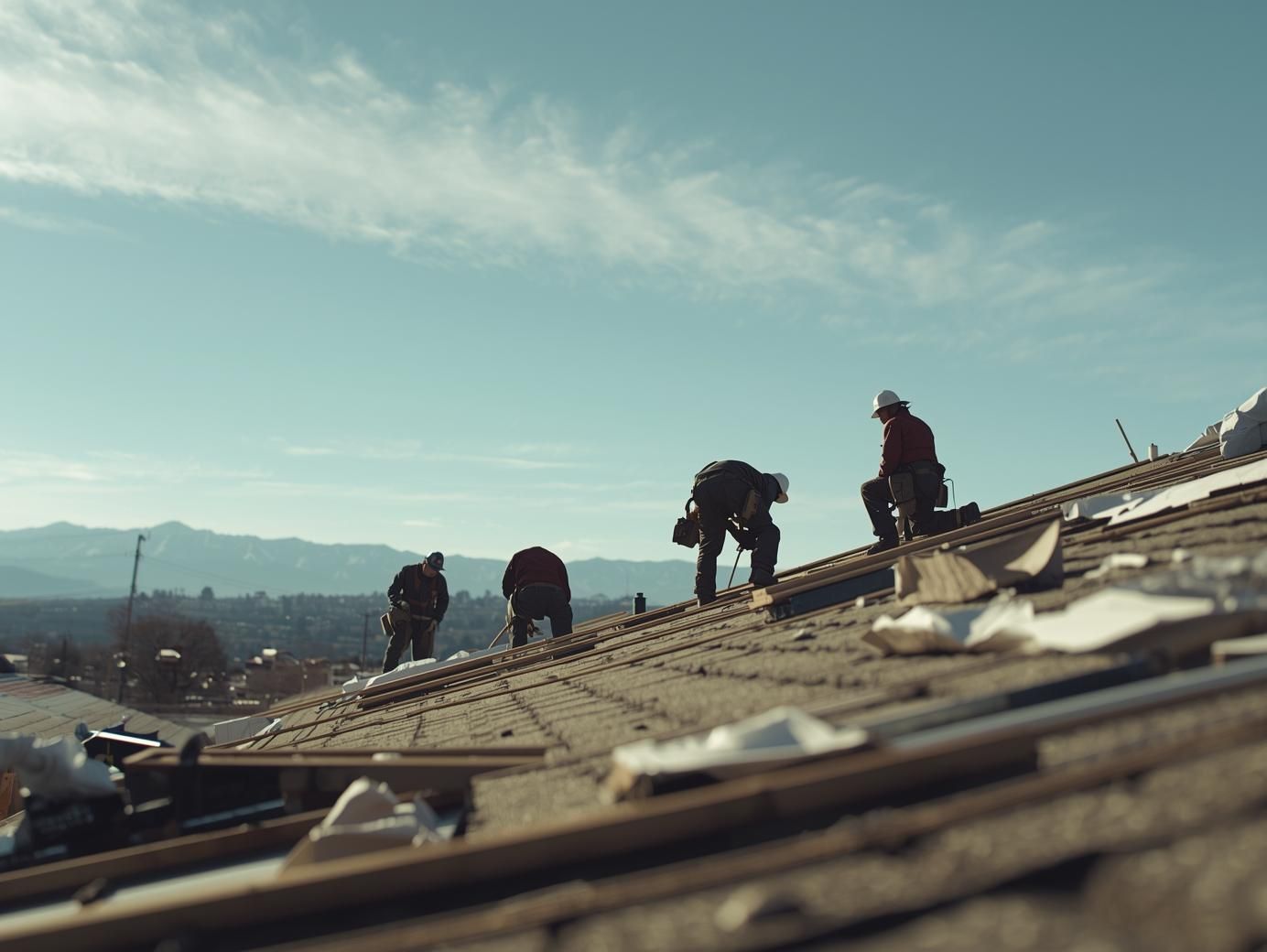 Workers on a sloped rooftop under a blue sky, inspecting or repairing roof tiles.
