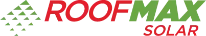 RoofMax Solar logo with red text and green geometric roof icon on white background