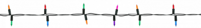 A string of colorful holiday lights hanging on a wire against a white background
