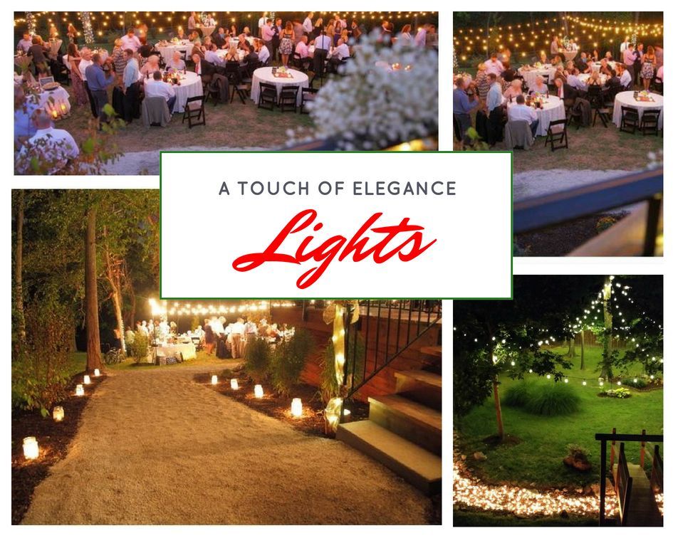 Elegant outdoor event lighting collage with string lights, path lanterns, and garden uplighting at dusk