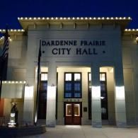 Dardenne Prairie City Hall building at night with lit columns and entrance lights