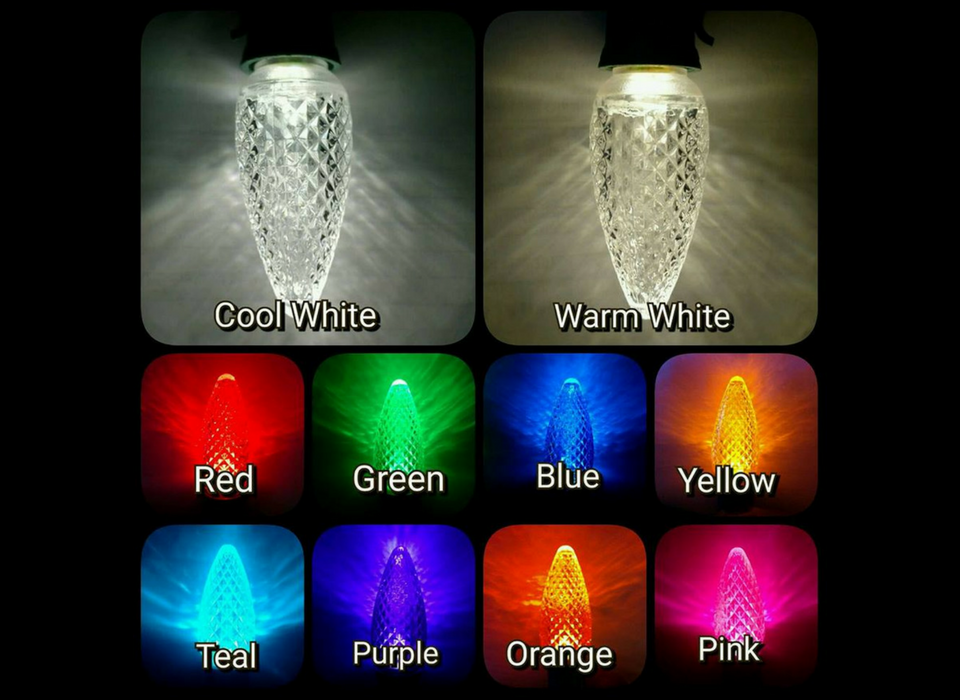 LED light display showing cool white, warm white, red, green, blue, yellow, teal, purple, orange, and pink modes